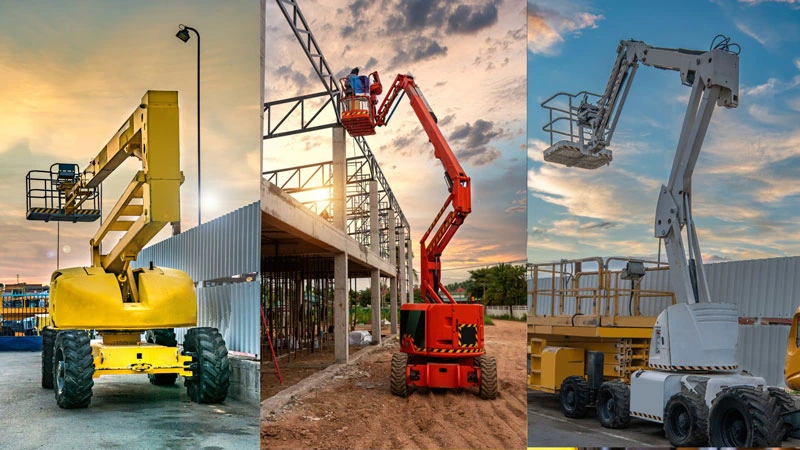 Collage of three boom lifts used for work at height on construction sites, including yellow, red, and white aerial platforms.