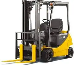 Yellow counterbalance forklift with forks