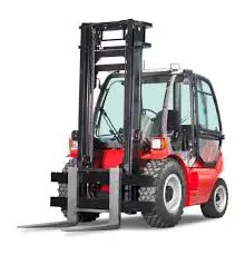 Red rough-terrain forklift with forks
