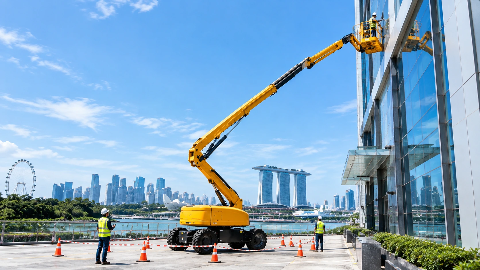 Boom lift with extended platform reaching a building facade