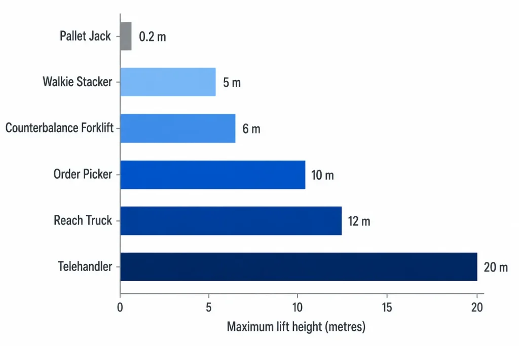Forklift lift height comparison chart for pallet jack, reach truck, order picker and telehandler
