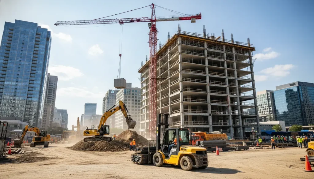 construction equipment names on active job site with excavator, crane, and forklift in urban construction project