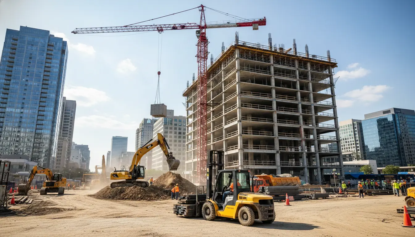 construction equipment names on active job site with excavator, crane, and forklift in urban construction project