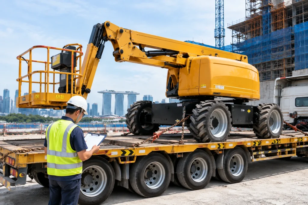 Boom lift being delivered and inspected before rental handover
