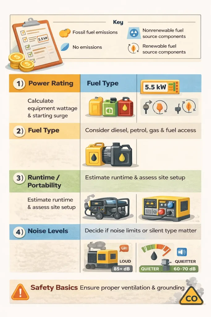 Infographic showing four steps for choosing a generator—power rating, fuel type, runtime/portability, and noise level—with icons and a safety reminder about ventilation and grounding.