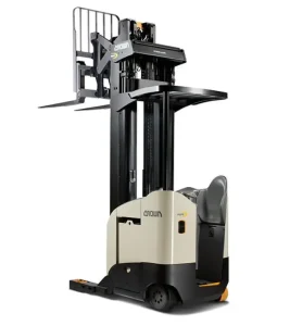 Crown reach truck with tall mast and operator seat, shown on a white background.
