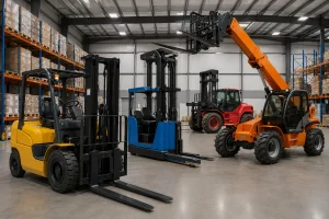 Different forklift types including reach truck, telehandler and rough terrain forklift in warehouse