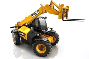 Yellow JCB telehandler with telescopic boom extended forward and pallet forks attached, isolated on a white background.