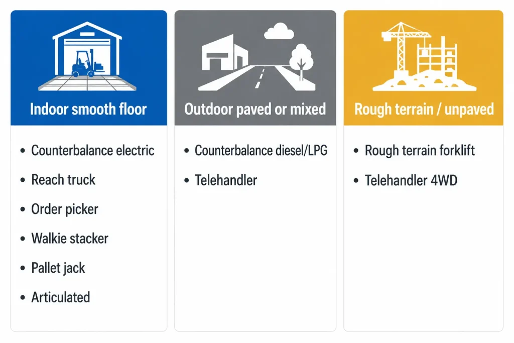 Forklift environment guide for indoor warehouse, outdoor paved and rough terrain applications