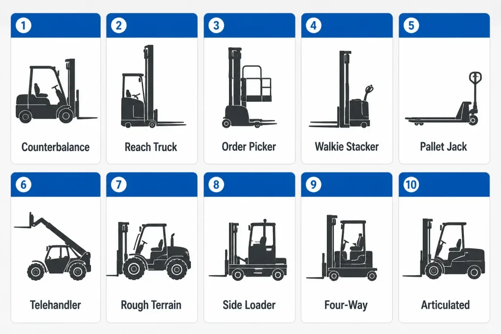 Forklift types infographic showing counterbalance, reach truck, telehandler and pallet jack
