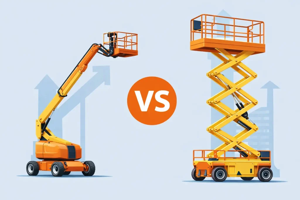 Illustration comparing a boom lift on the left and a scissor lift on the right with a “VS” icon in the center, showing outreach versus vertical lift.