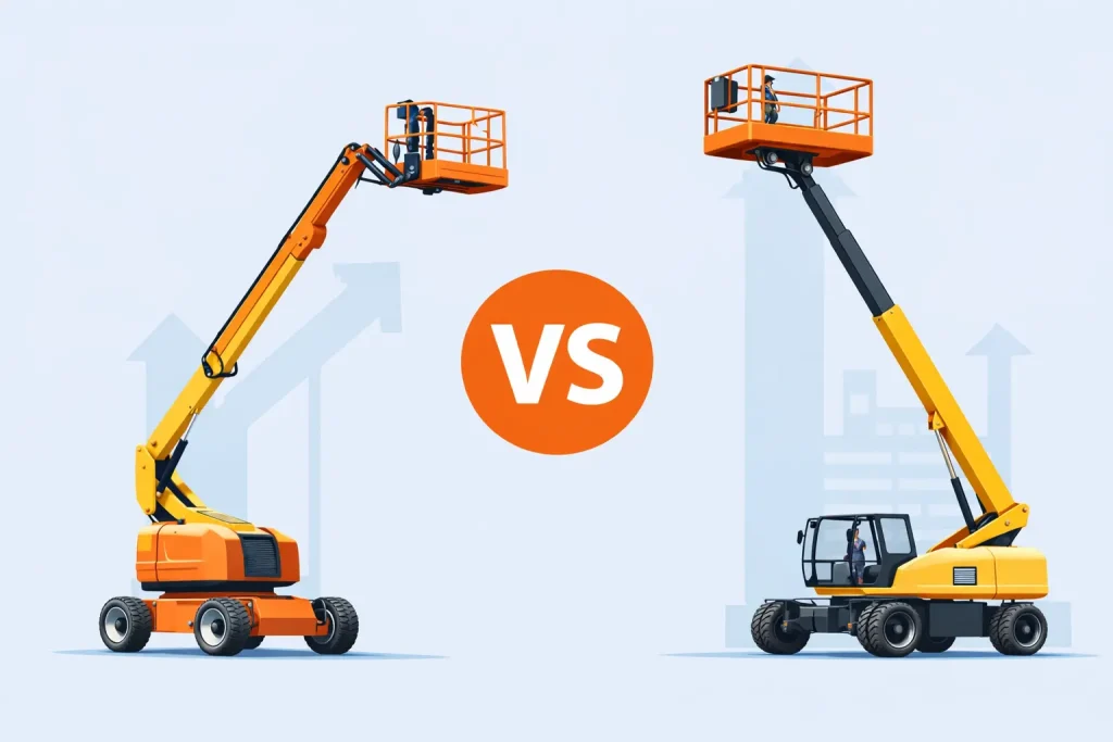 Comparison between an articulating boom lift and a telescopic boom lift showing different reach and arm movement