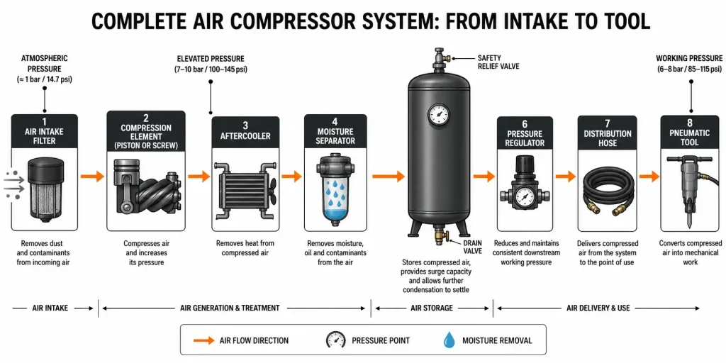 Air compressor system flow diagram showing intake, compression, cooling, storage, and tool delivery.