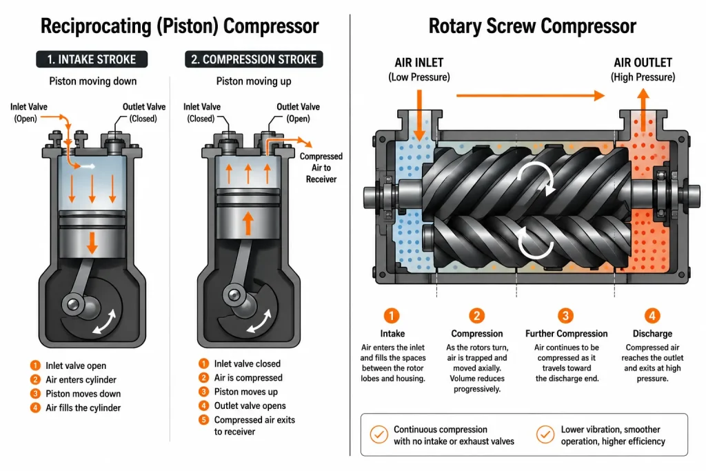 Technical comparison of reciprocating piston and rotary screw compressor operating mechanisms.