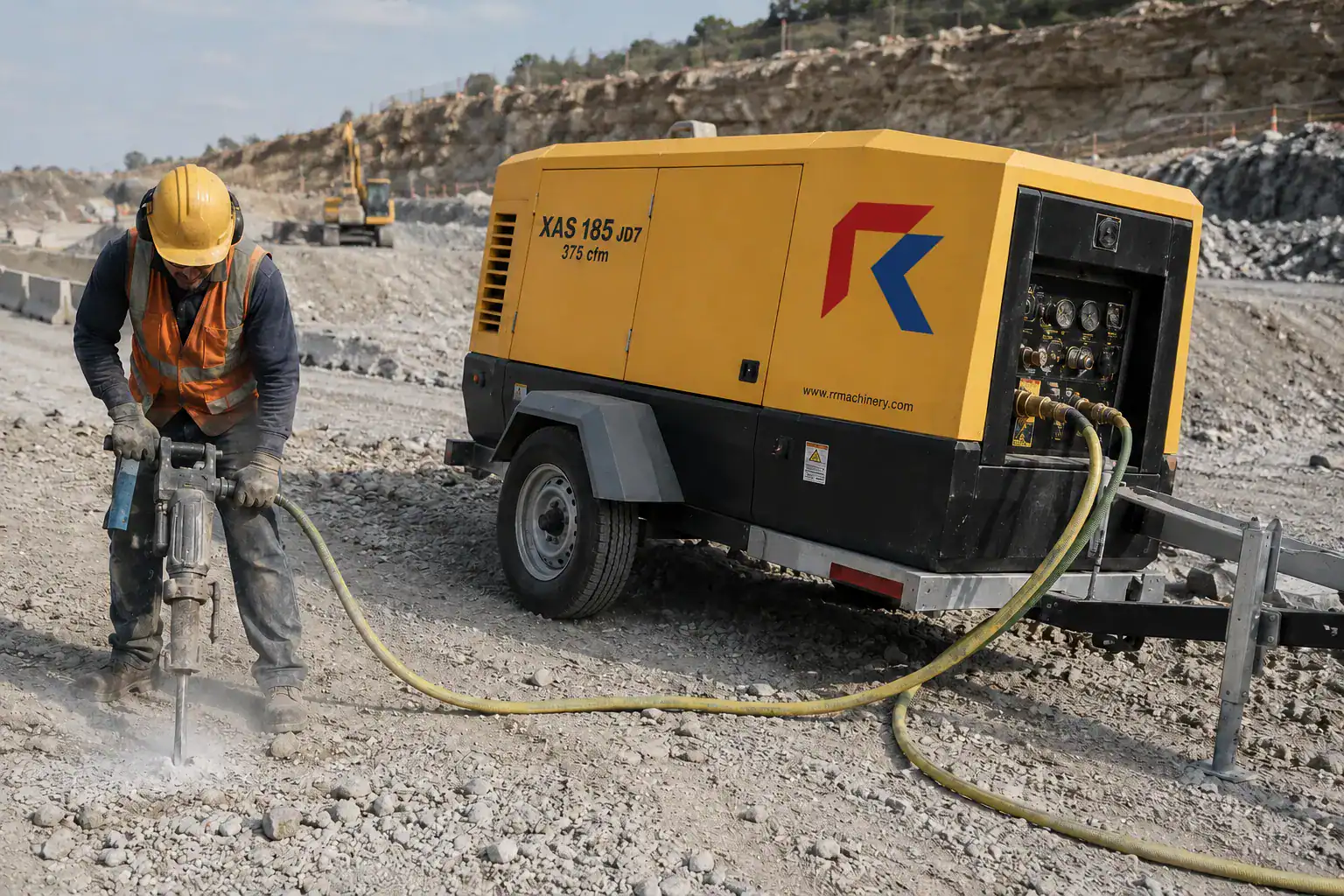 Worker using jackhammer on construction site