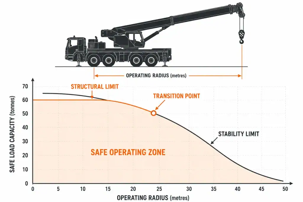 Crane load chart diagram showing operating radius safe load capacity and stability limits