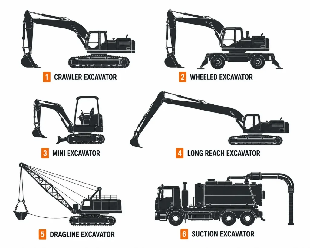 Crawler excavator parts diagram showing boom, bucket, tracks and hydraulic cylinders