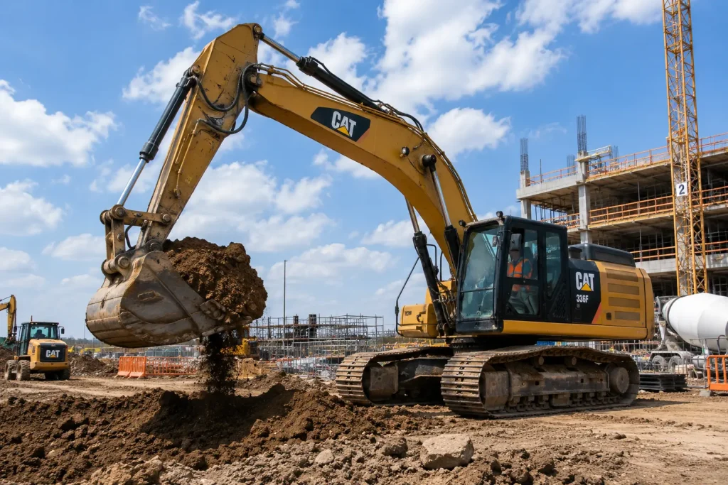 Crawler excavator digging on active construction site with bucket moving fresh earth