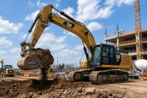 Crawler excavator digging on active construction site with bucket moving fresh earth