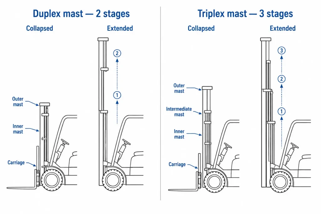 Duplex vs triplex forklift mast diagram showing 2-stage and 3-stage lift systems