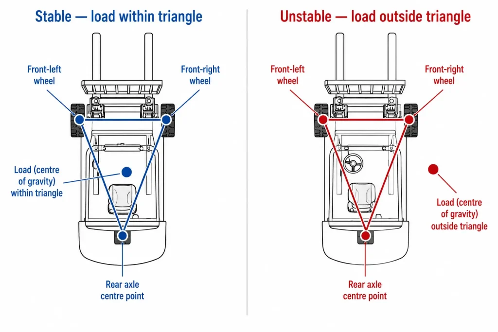 Forklift stability triangle diagram showing stable and unstable load centre positions