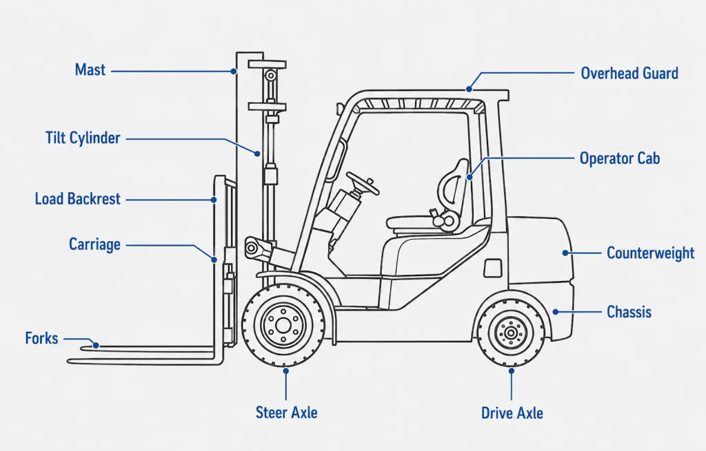 Counterbalance forklift parts diagram showing mast, forks, axles and operator cab