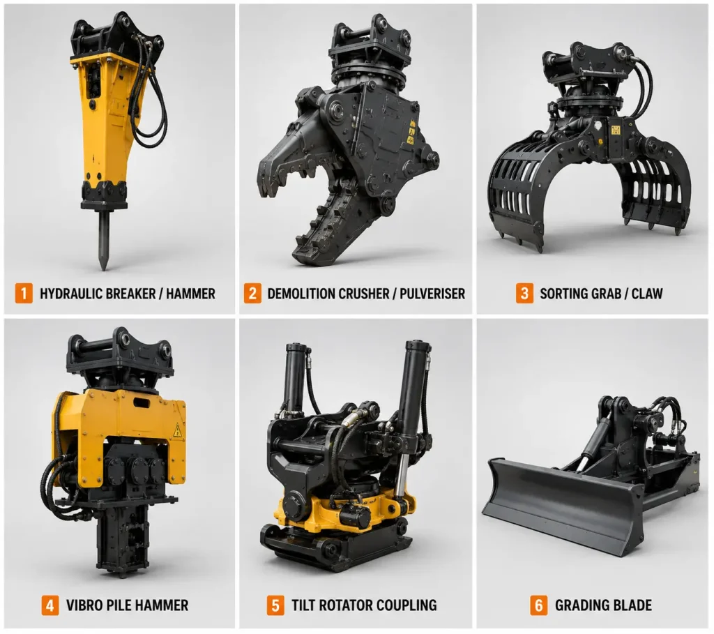 Excavator attachments grid showing hydraulic breaker, grab, crusher and grading blade