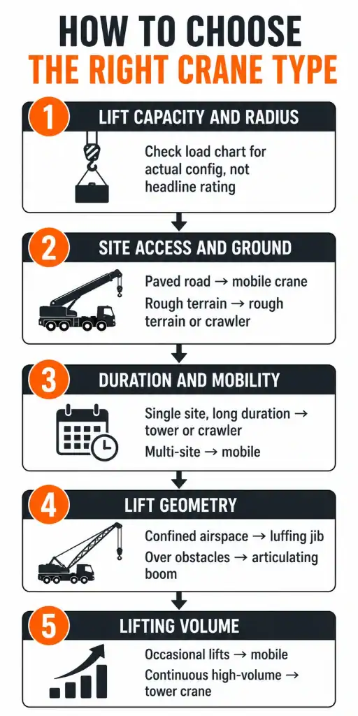 Crane selection guide infographic covering lift capacity site access and lift geometry