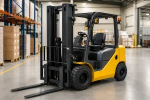 Yellow counterbalance forklift parked in modern warehouse with mast and forks visible
