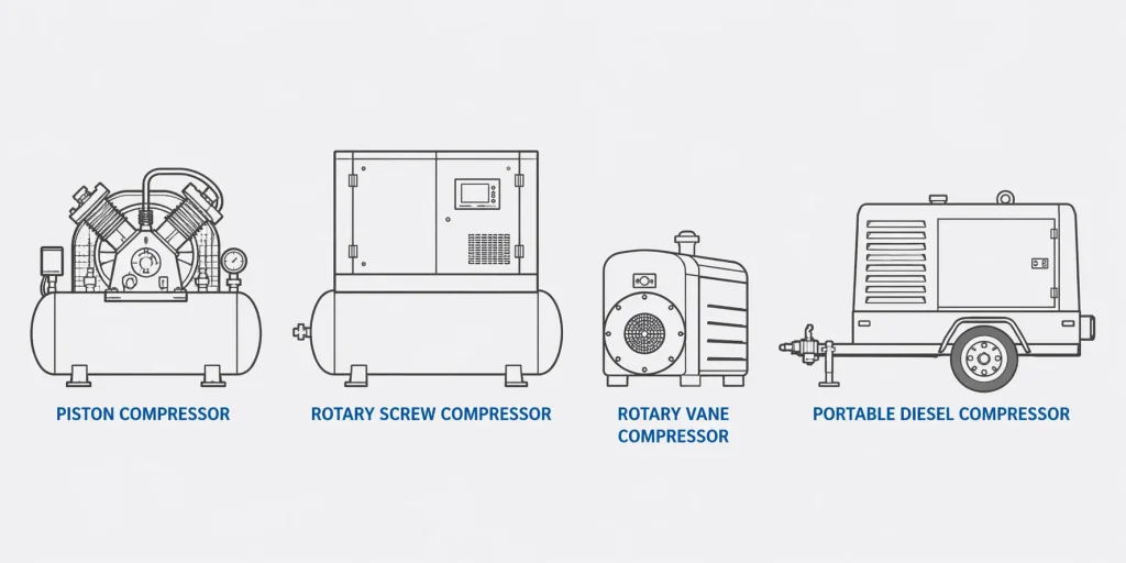 Air compressor types diagram: piston, rotary screw, rotary vane, portable diesel compressors flat design
