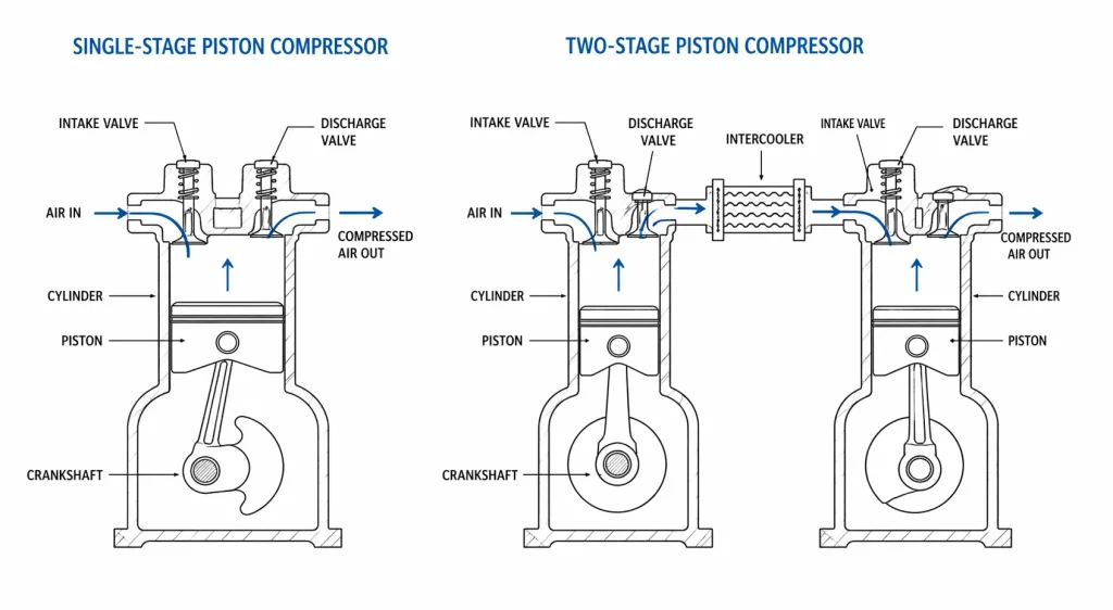 Single stage vs two stage piston compressor diagram showing airflow, valves, cylinders and intercooler