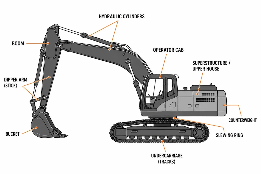 Excavator types comparison diagram showing crawler, wheeled, mini and dragline excavators