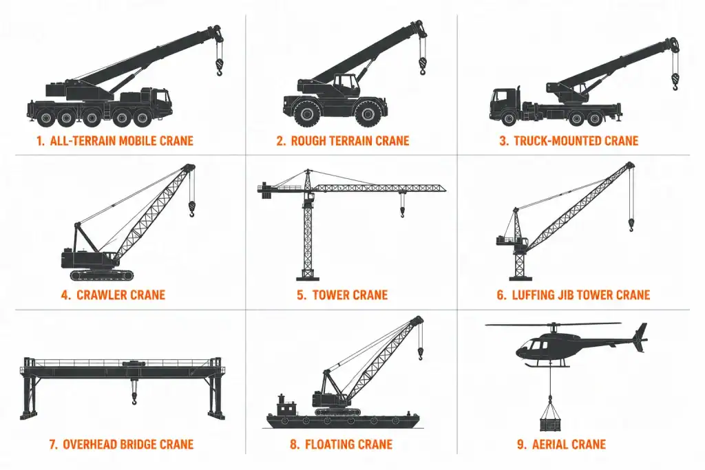 Crane types comparison chart showing mobile crawler tower floating and aerial cranes