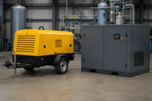 Industrial air compressor comparison: portable diesel vs rotary screw compressor in factory setting