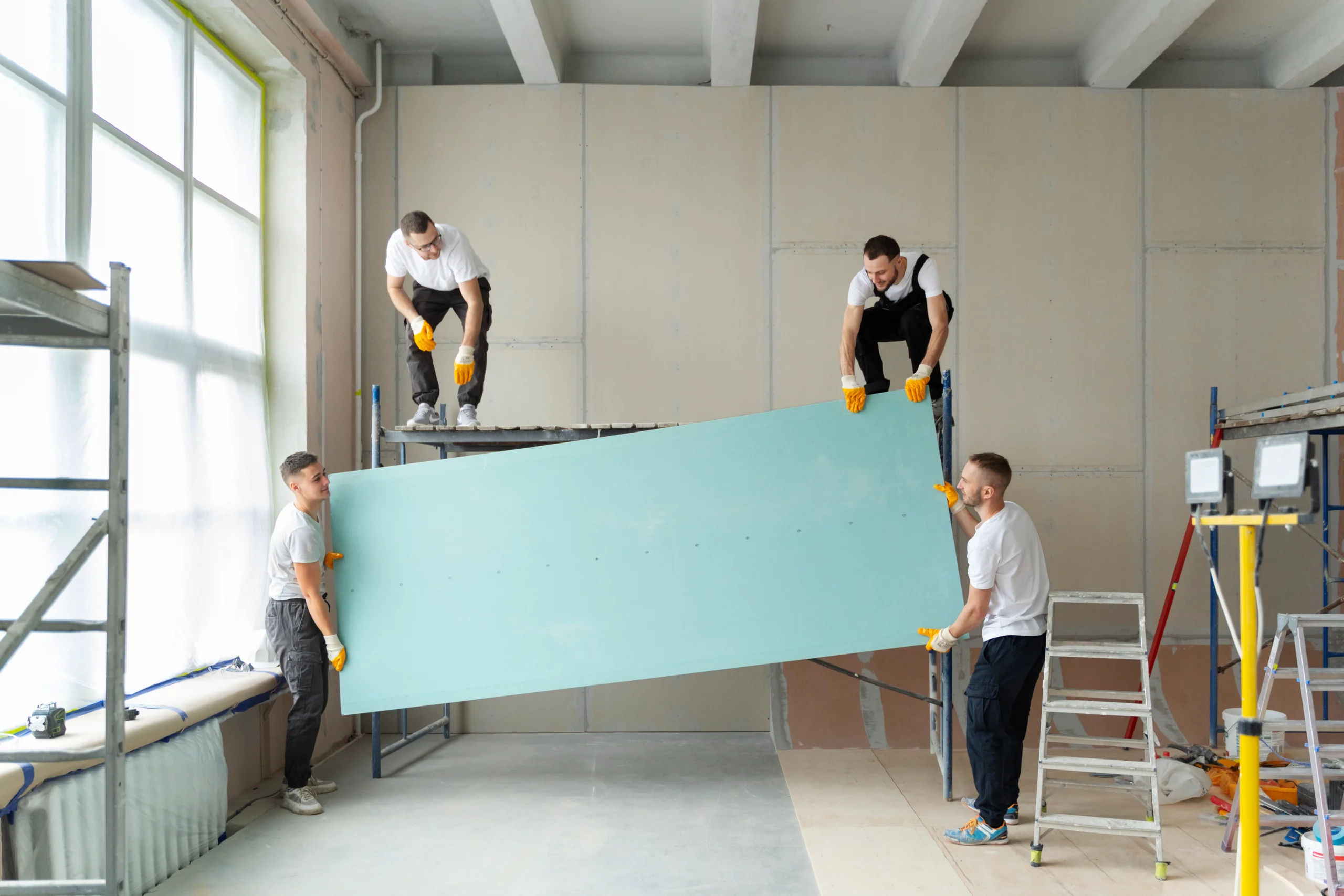 Construction workers installing drywall panels on an interior wall using scaffolding and ladders during building renovation work.