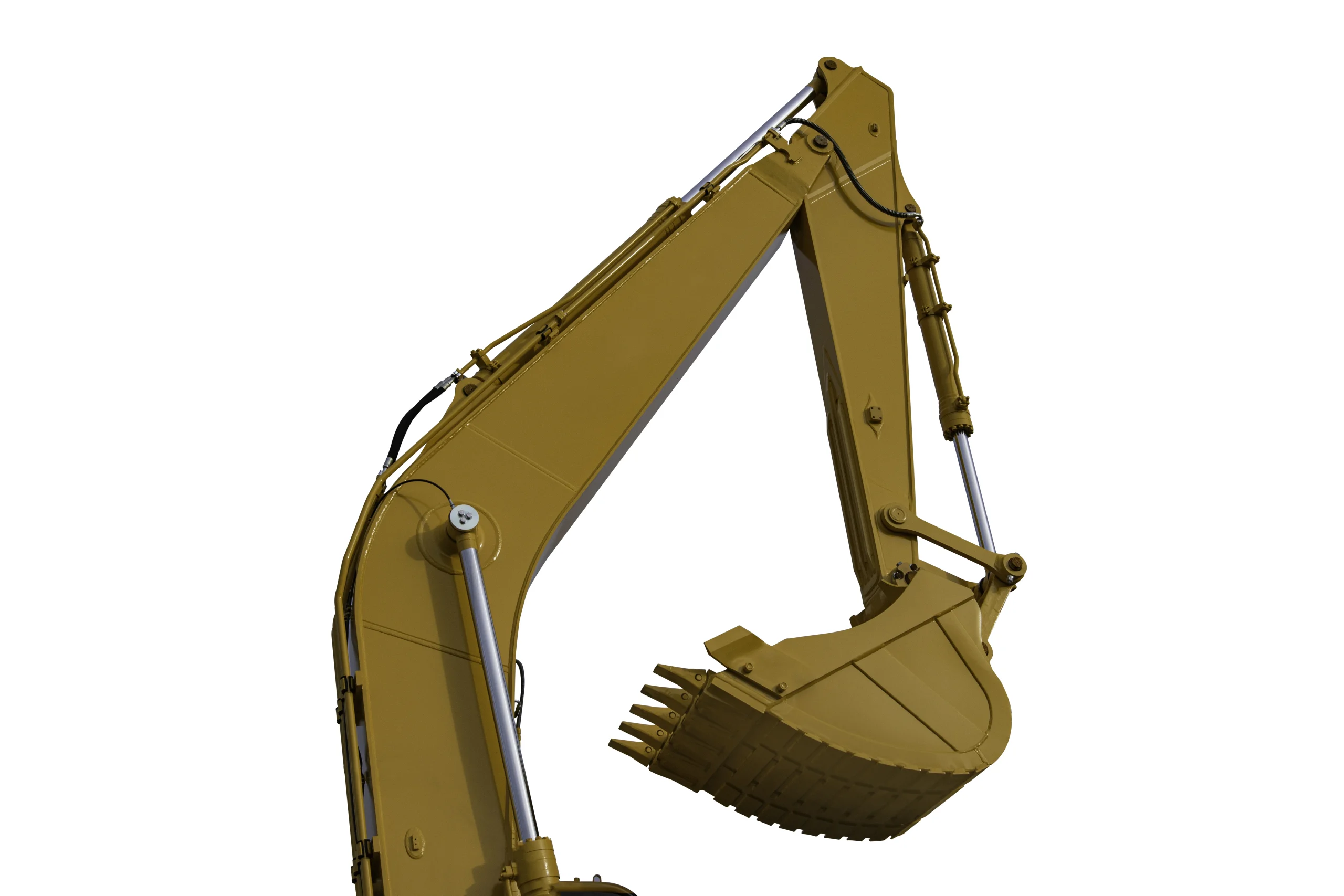 Hydraulic excavator arm and bucket isolated on white background for construction and earthmoving work