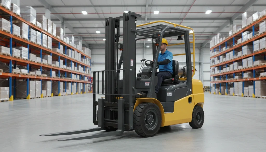 ellow counterbalance forklift with mast, forks, overhead guard, and operator cab in a warehouse environment