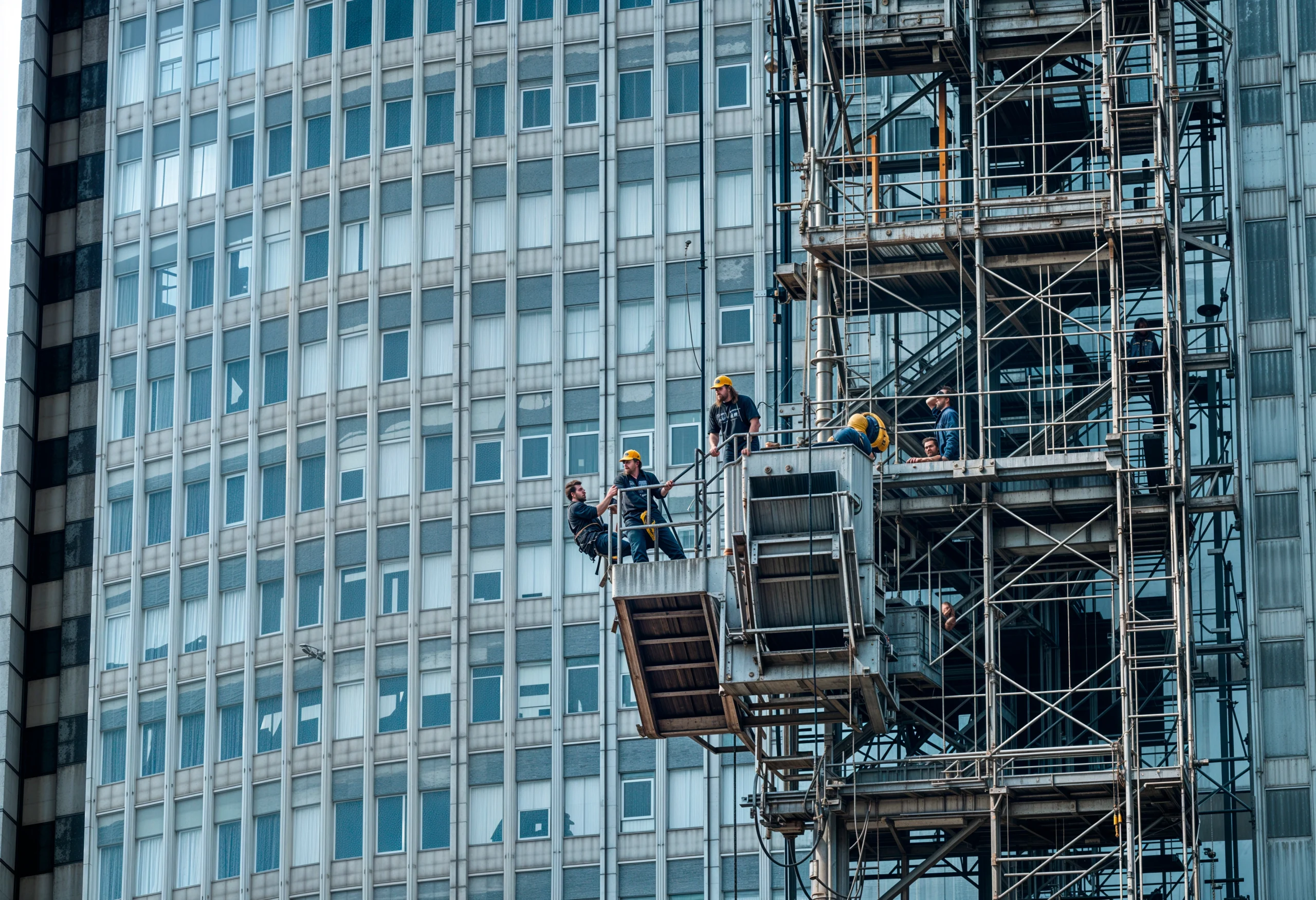 Construction workers using a suspended work platform on a high-rise building facade