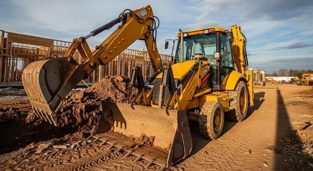 Yellow backhoe loader excavating and moving dirt at an active construction site with building framework in the background.