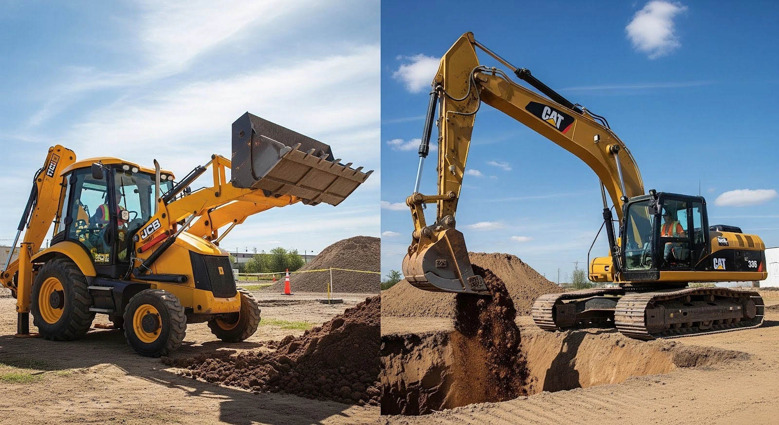 Yellow backhoe loader and tracked excavator digging soil at a construction site under a clear blue sky.