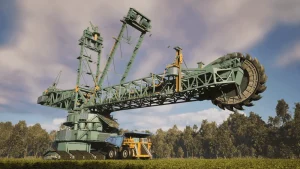 Largest bucket wheel excavator operating in open-pit mining site with heavy earthmoving machinery and haul truck nearby