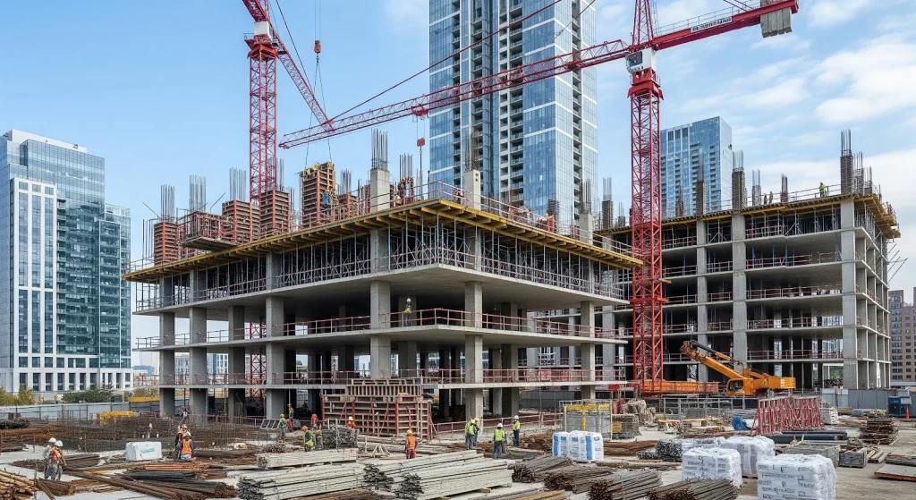 High-rise building construction project showing modern building construction and structural development.