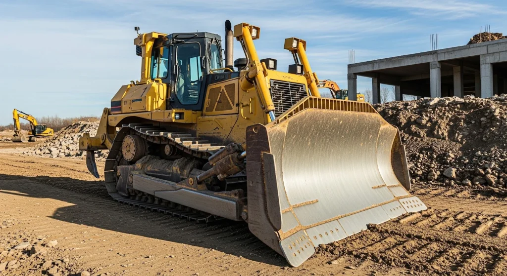 Powerful bulldozer pushing dirt on a construction site during earthmoving and land development work