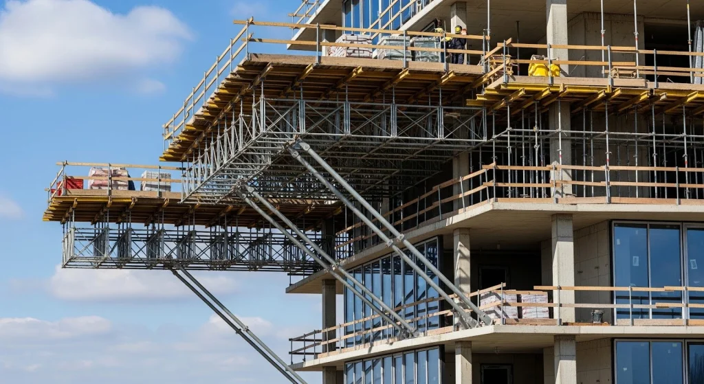 Cantilever scaffolding structure extending from a high-rise building to support workers during upper-level construction.