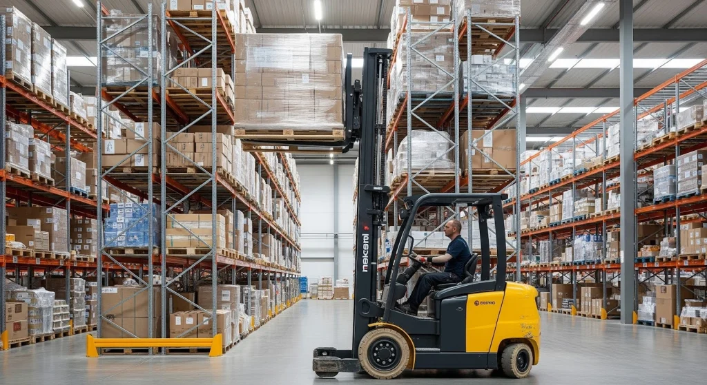 Electric forklift operating in warehouse showing classes of forklifts for material handling operations