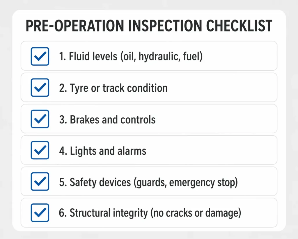 Construction equipment pre operation inspection checklist: fluids, tyres, brakes, lights, safety, structure