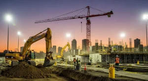 Construction site with excavators and tower crane working on building foundation during sunset with city skyline in the background