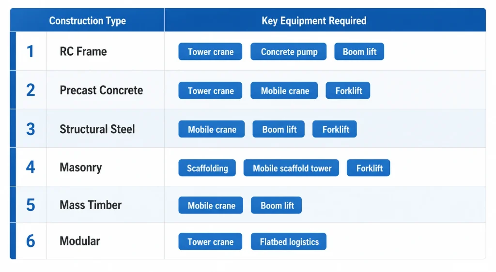 Construction equipment by building type: crane, pump, forklift, scaffolding comparison table