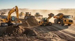 Heavy construction equipment including excavators, wheel loader, and dump truck working on a large earthmoving site
