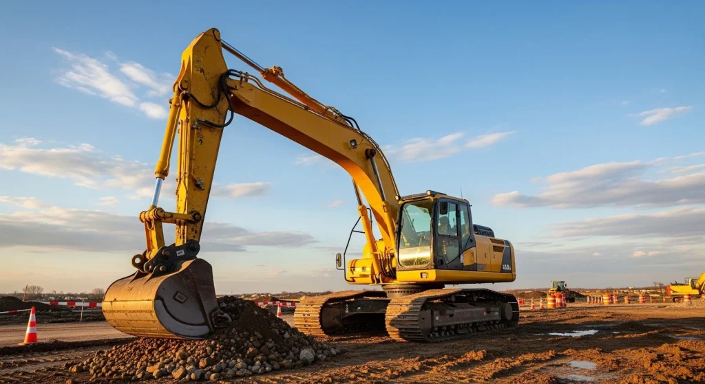 Yellow hydraulic excavator scooping soil on a large construction site during sunset with muddy ground and scattered clouds.